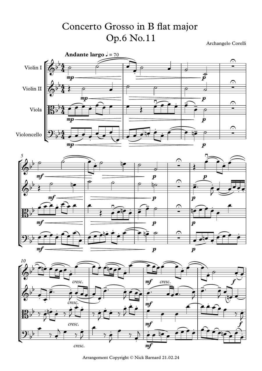 Concerto Grosso in B flat major Op 6 No 11 String Quartet scores gallery preview page 2