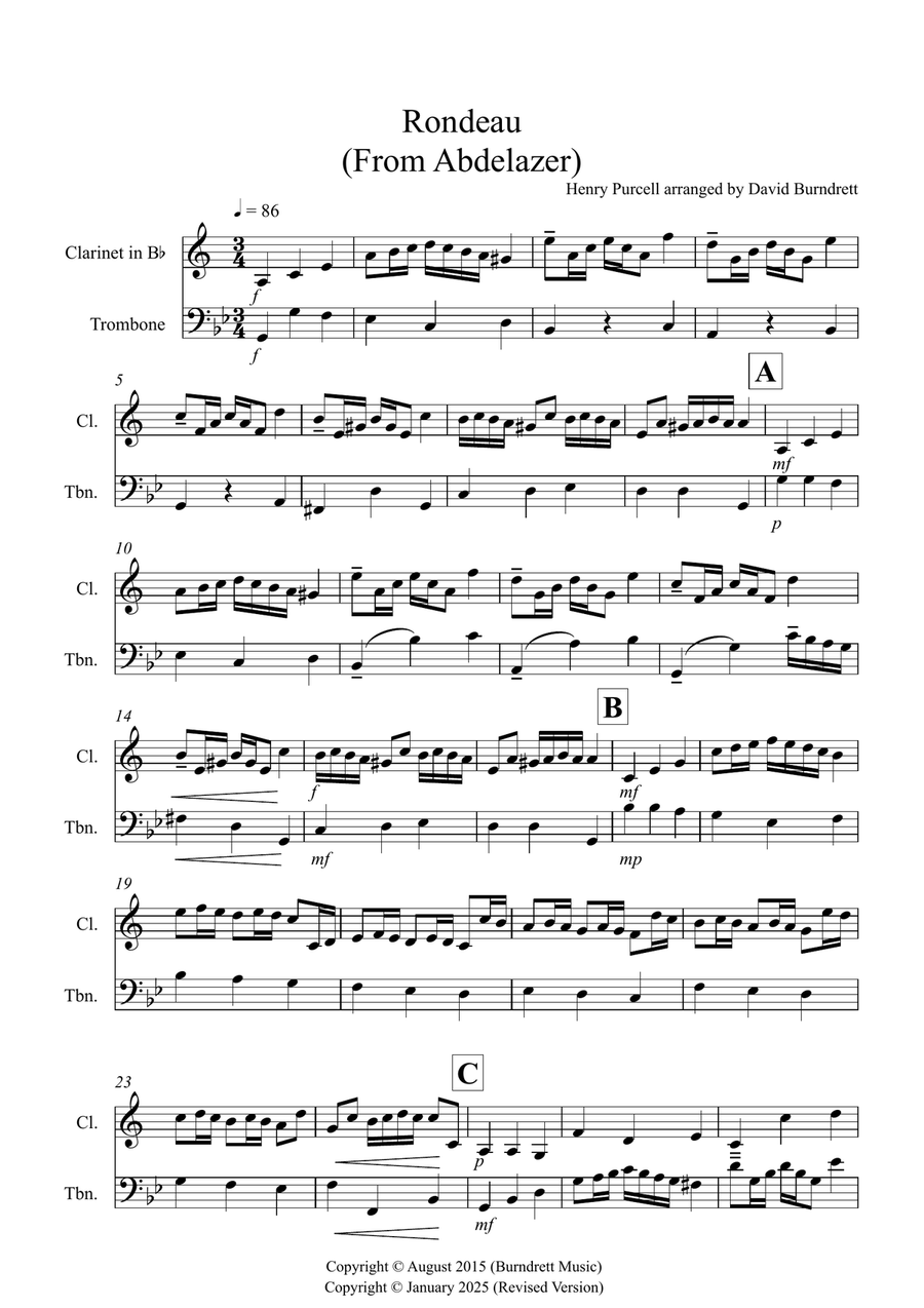 Rondeau (from Abdelazer) for Clarinet and Trombone Duet B-Flat Clarinet scores gallery preview page 1