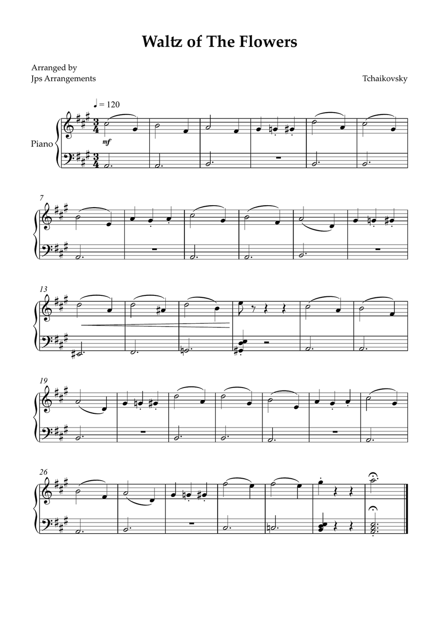 Waltz of The Flowers for beginner piano in A Major Easy Piano scores gallery preview page 1