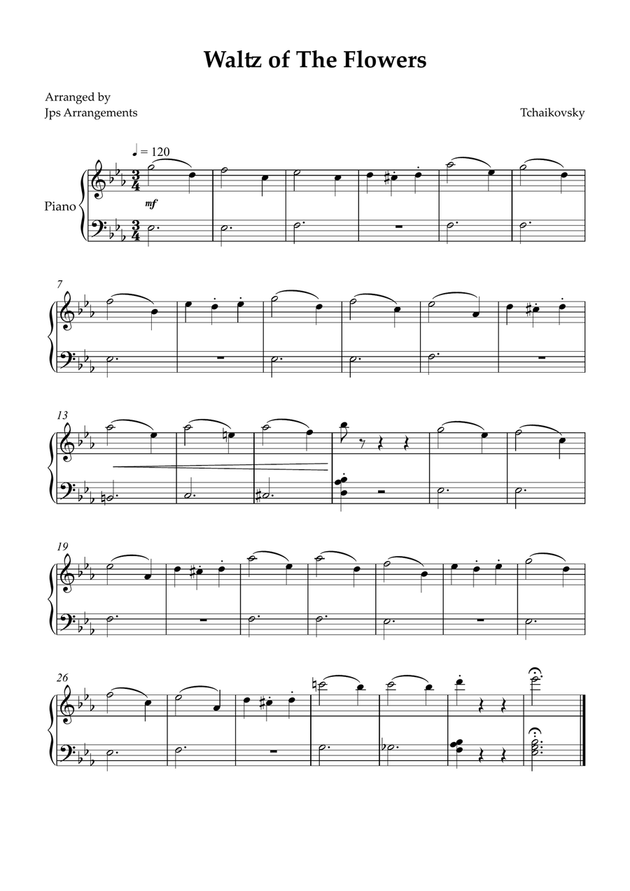 Waltz of The Flowers for beginner piano in Eb Major Easy Piano scores gallery preview page 1