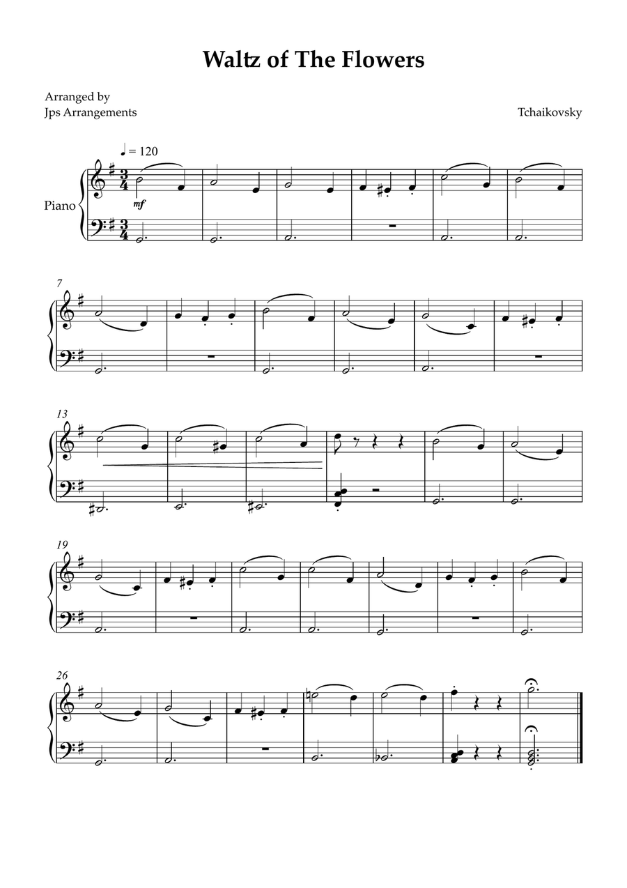 Waltz of The Flowers for beginner piano in G Major Easy Piano scores gallery preview page 1