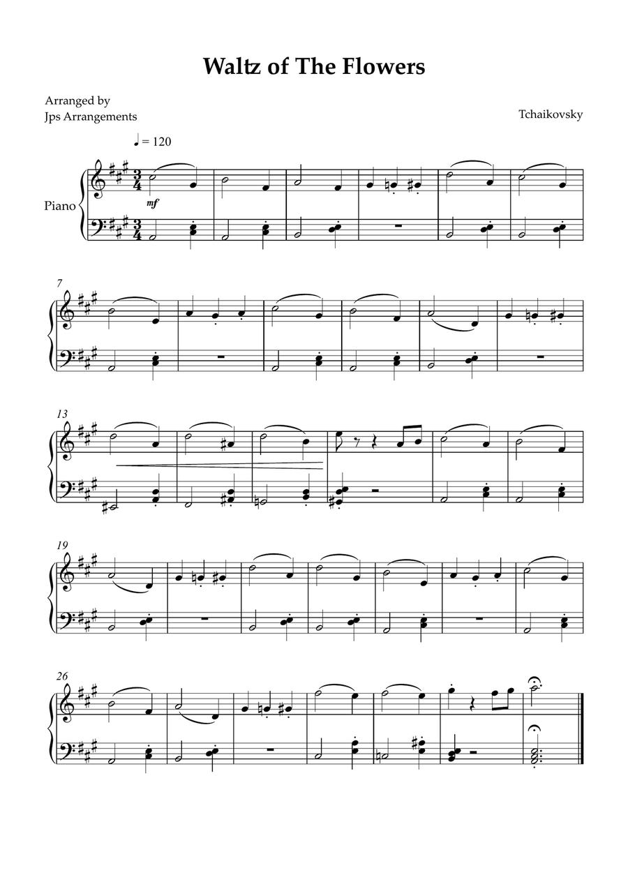 Waltz of The Flowers for easy piano in A Major Easy Piano scores gallery preview page 1