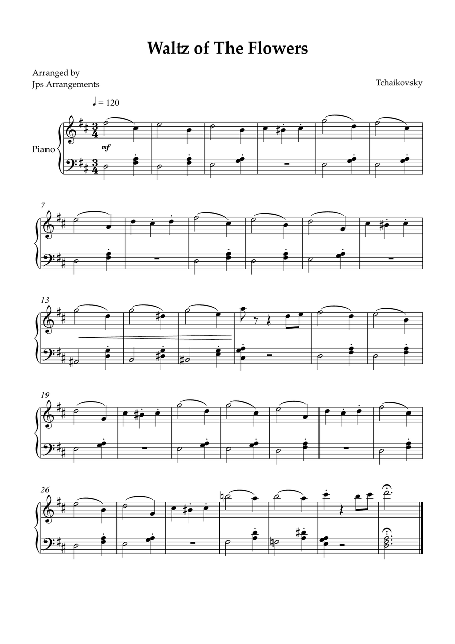 Waltz of The Flowers for easy piano in D Major Easy Piano scores gallery preview page 1