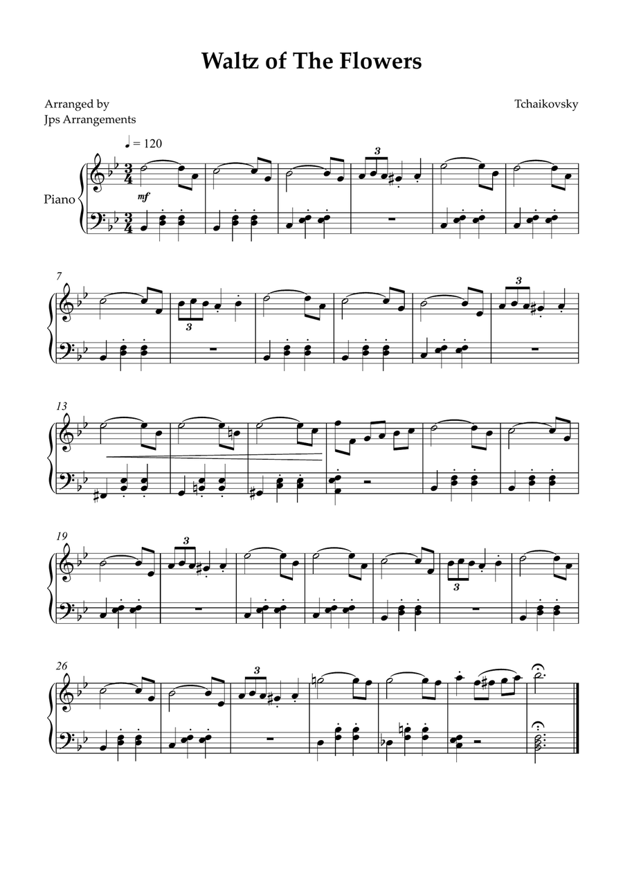 Waltz of The Flowers for Intermediate piano in Bb Major Easy Piano scores gallery preview page 1