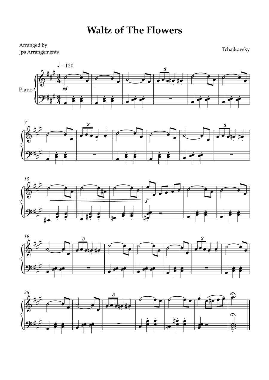 Waltz of The Flowersfor Intermediate piano in A Major Easy Piano scores gallery preview page 1