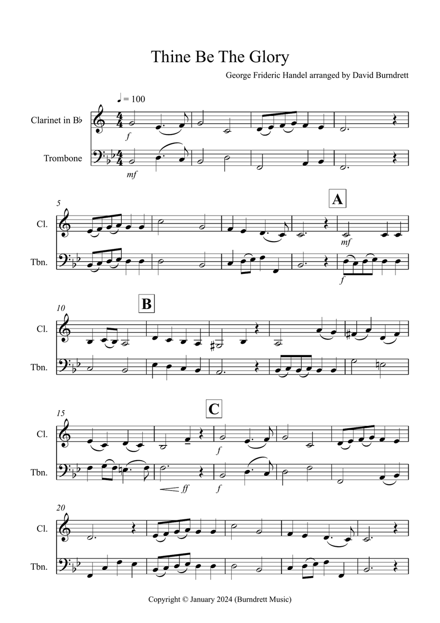 Thine Be The Glory for Clarinet and Trombone Duet B-Flat Clarinet scores gallery preview page 1