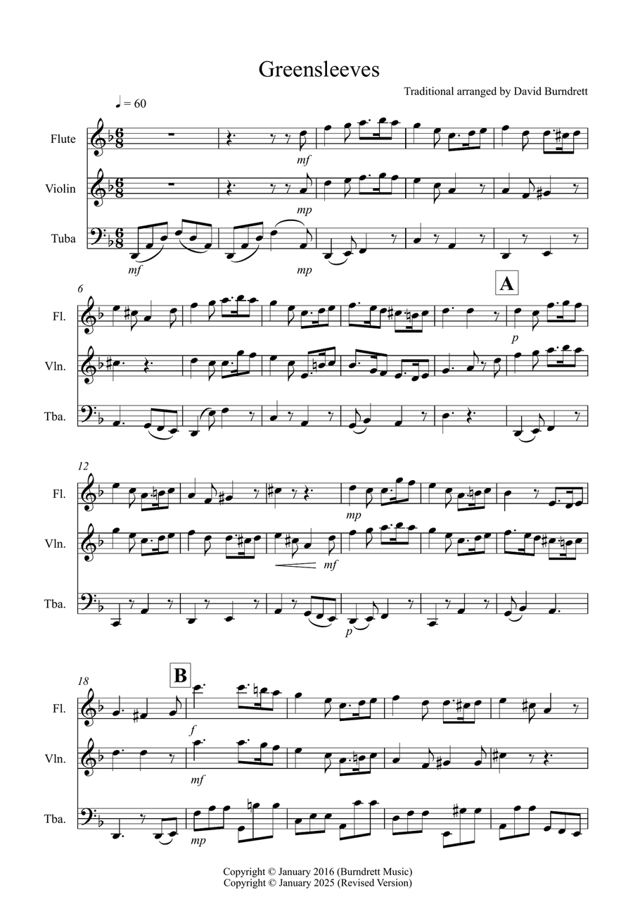 Greensleeves for Flute, Violin and Tuba Trio Small Ensemble scores gallery preview page 1