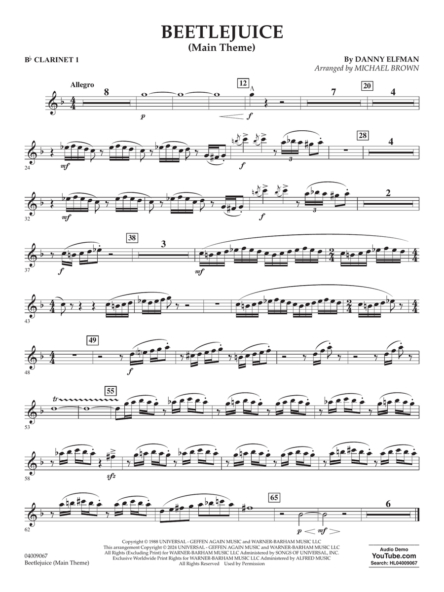 Beetlejuice (Main Theme) (arr. Michael Brown) - Bb Clarinet 1 Concert Band scores gallery preview page 1