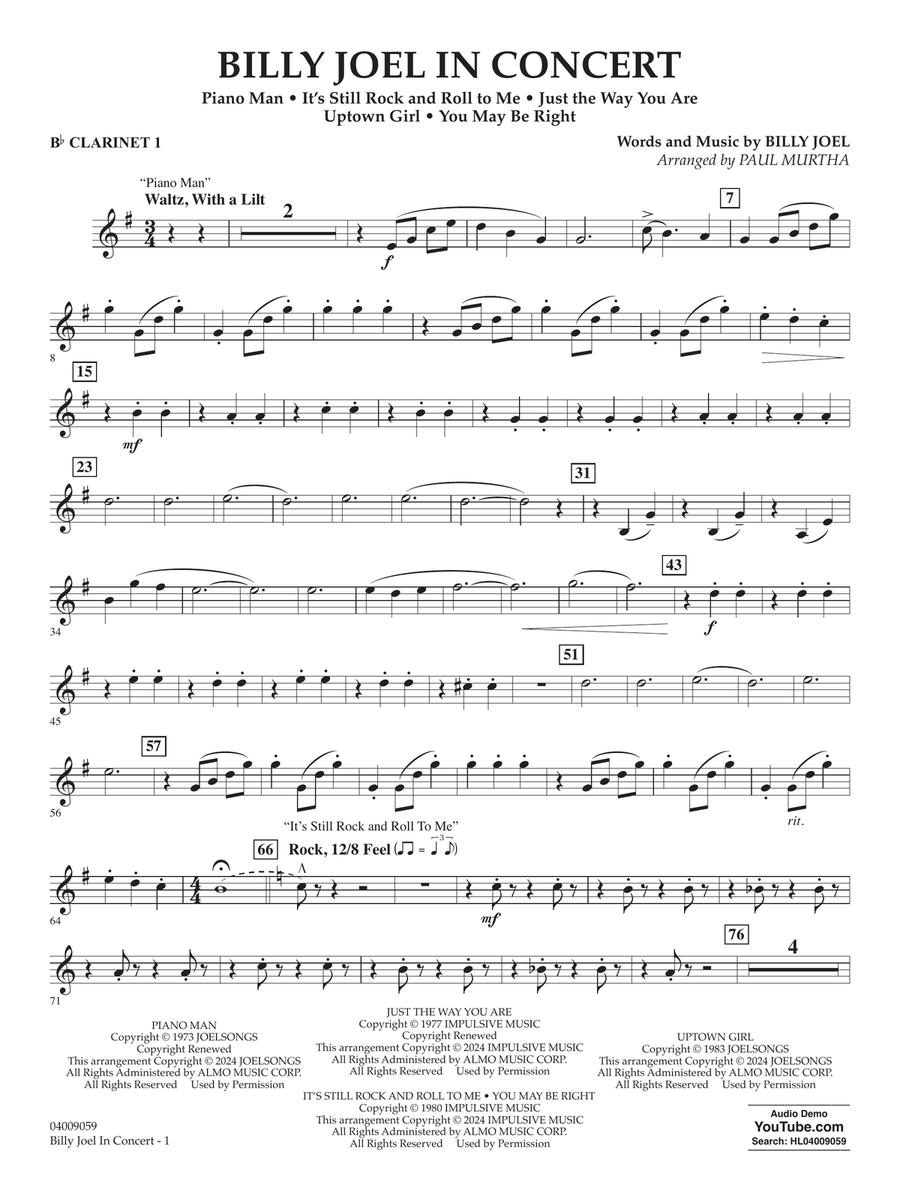 Billy Joel in Concert (arr. Paul Murtha) - Bb Clarinet 1 Concert Band scores gallery preview page 1