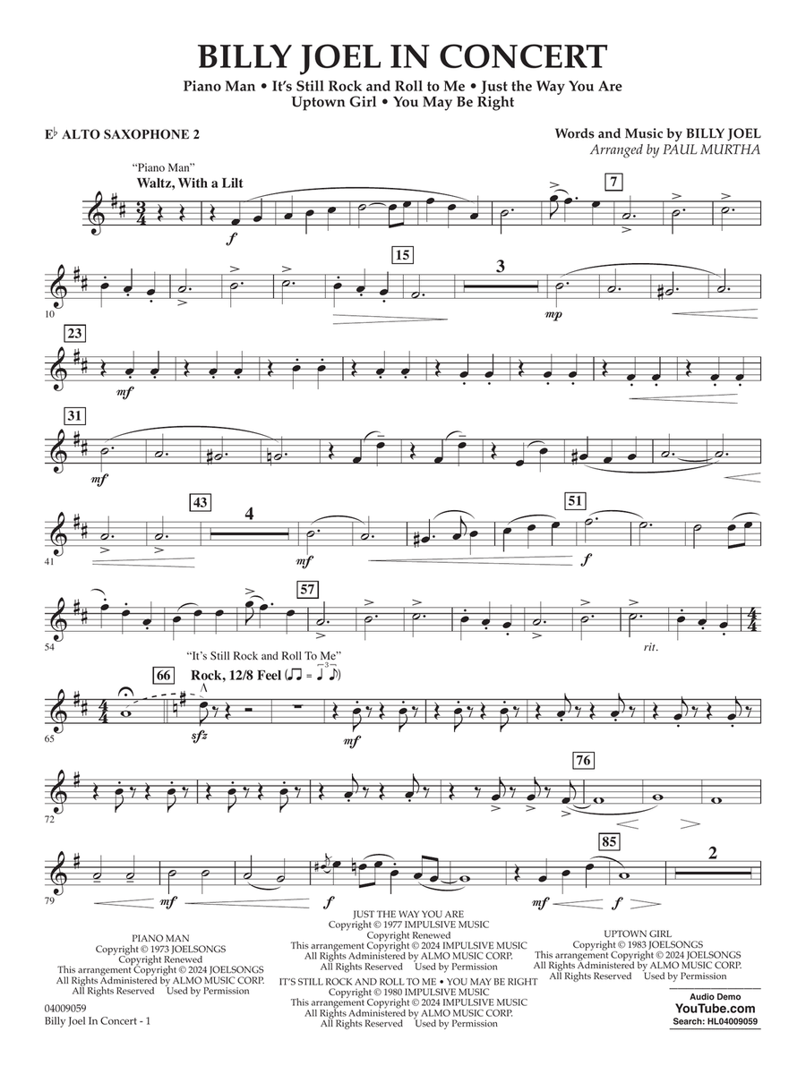 Billy Joel in Concert (arr. Paul Murtha) - Eb Alto Saxophone 2 Concert Band scores gallery preview page 1