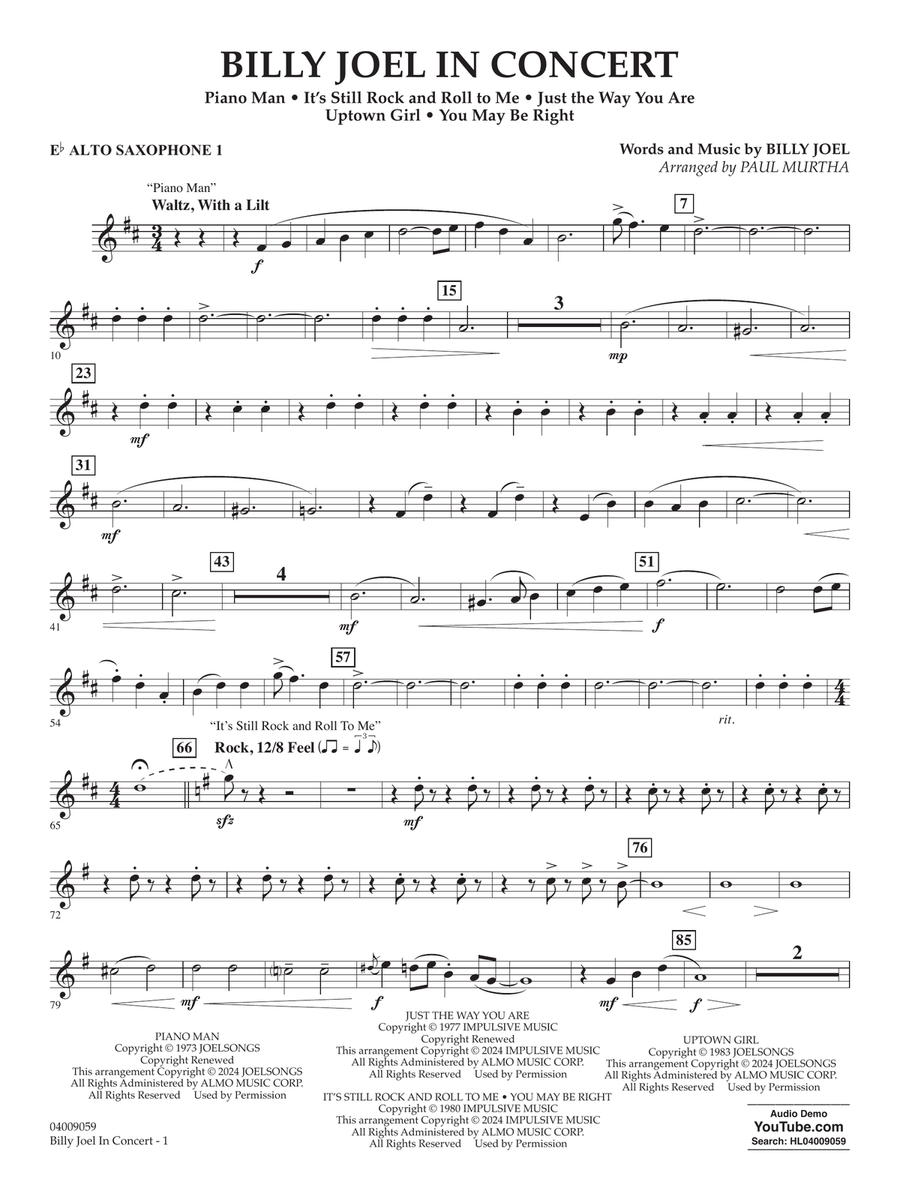 Billy Joel in Concert (arr. Paul Murtha) - Eb Alto Saxophone 1 Concert Band scores gallery preview page 1