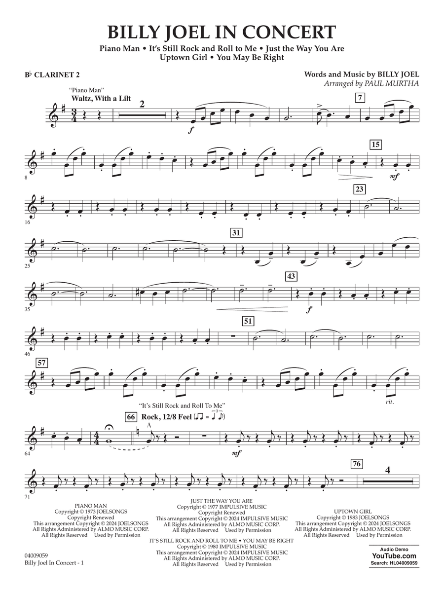 Billy Joel in Concert (arr. Paul Murtha) - Bb Clarinet 2 Concert Band scores gallery preview page 1