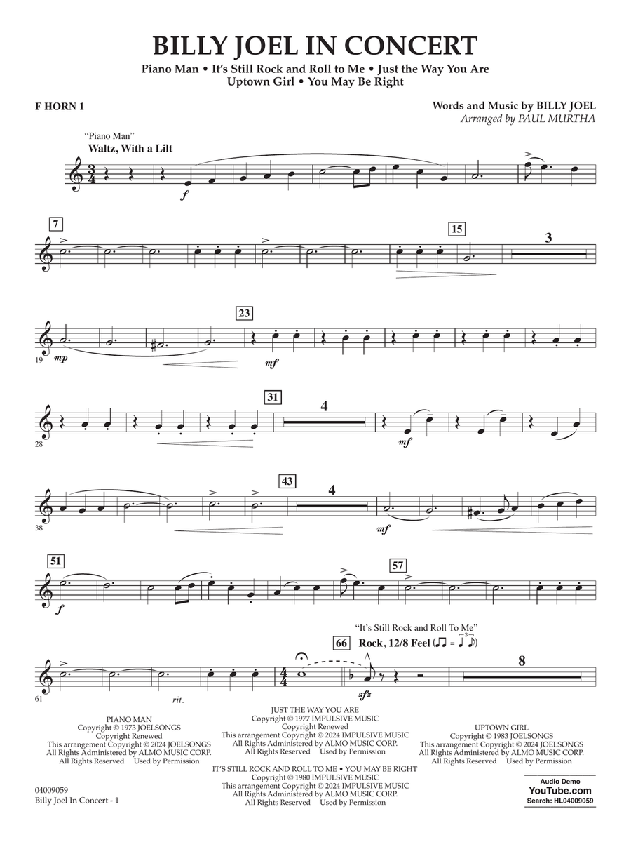 Billy Joel in Concert (arr. Paul Murtha) - F Horn 1 Concert Band scores gallery preview page 1