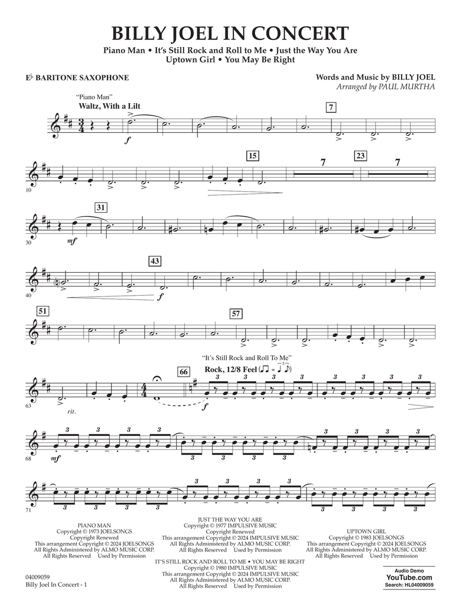 Billy Joel in Concert (arr. Paul Murtha) - Eb Baritone Saxophone Concert Band scores gallery preview page 1