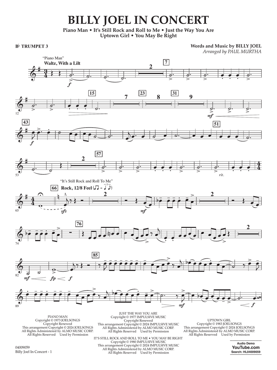 Billy Joel in Concert (arr. Paul Murtha) - Bb Trumpet 3 Concert Band scores gallery preview page 1