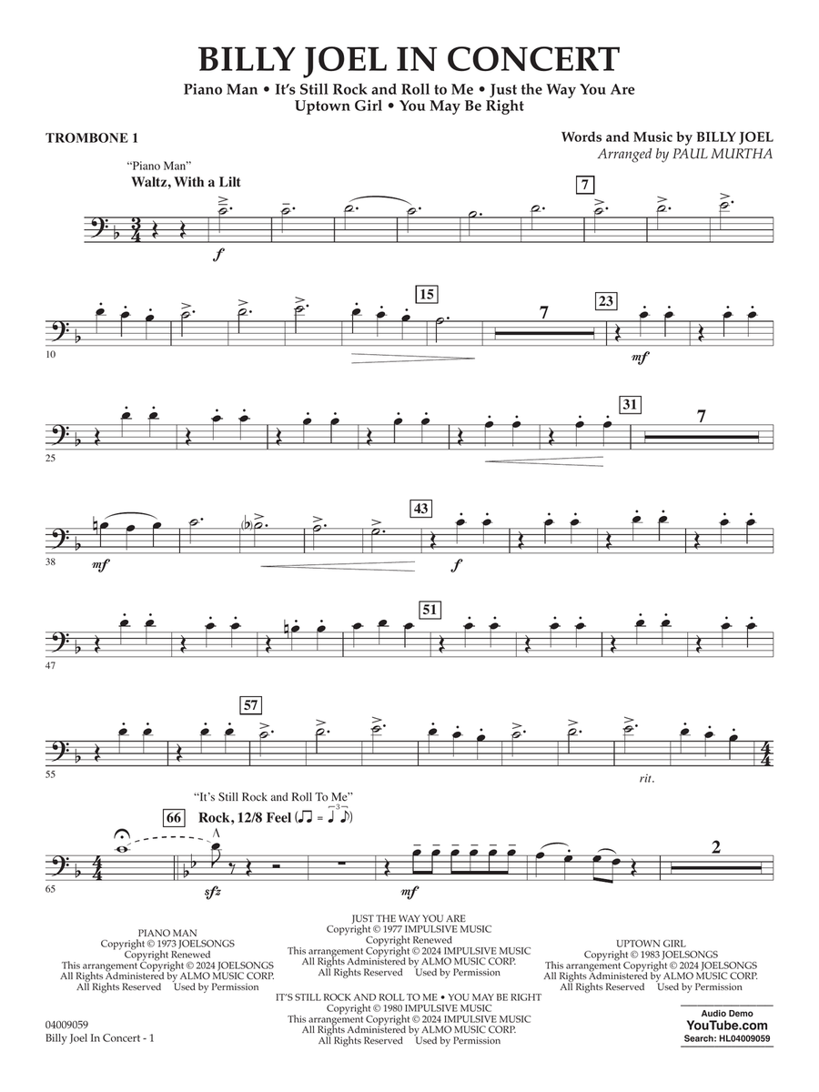 Billy Joel in Concert (arr. Paul Murtha) - Trombone 1 Concert Band scores gallery preview page 1