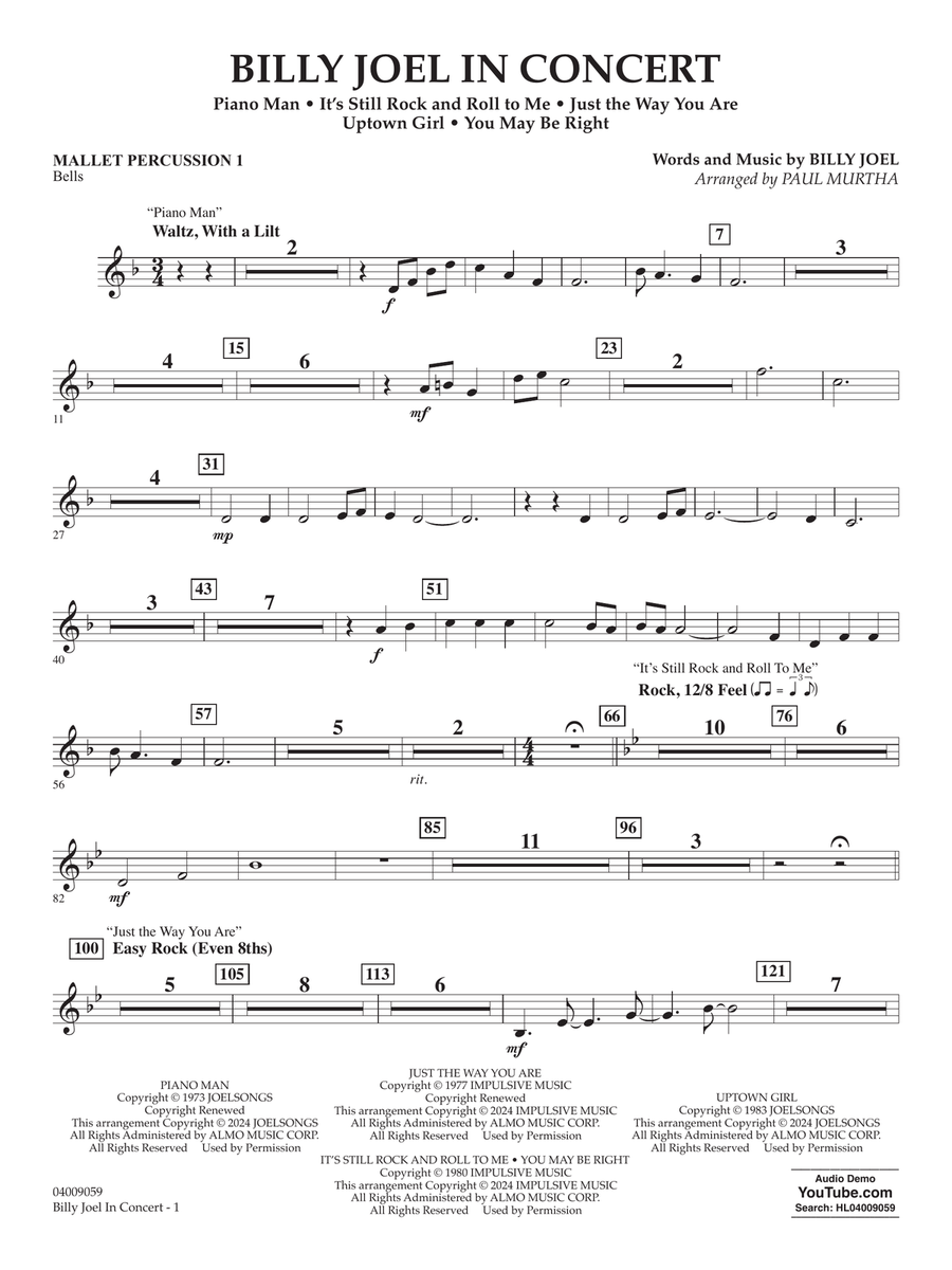 Billy Joel in Concert (arr. Paul Murtha) - Mallet Percussion 1 Concert Band scores gallery preview page 1