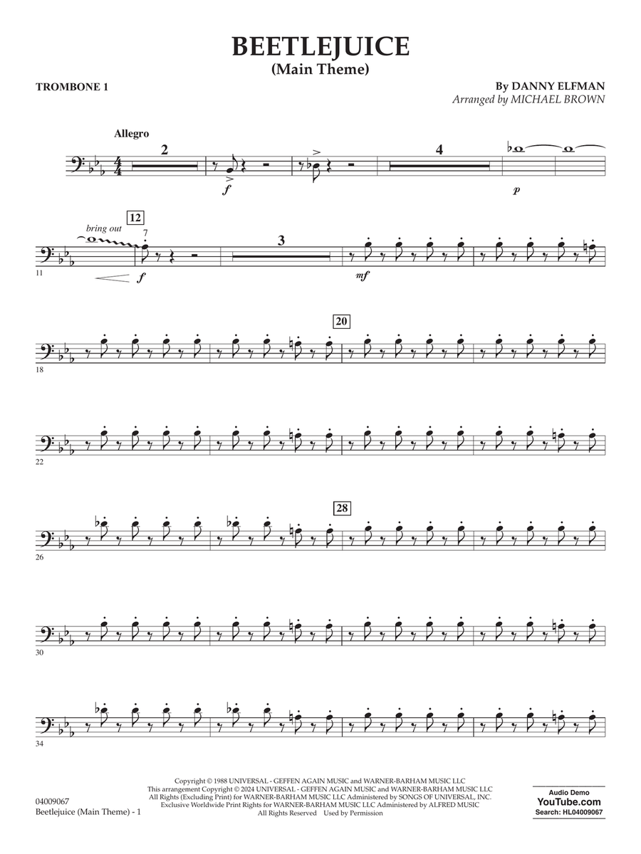 Beetlejuice (Main Theme) (arr. Michael Brown) - Trombone 1 Concert Band scores gallery preview page 1