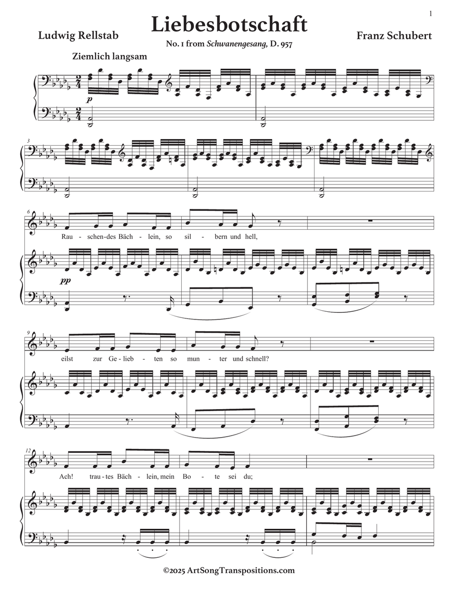 SCHUBERT: Liebesbotschaft, D. 957 no. 1 (transposed to D-flat major) Piano, Vocal scores gallery preview page 2