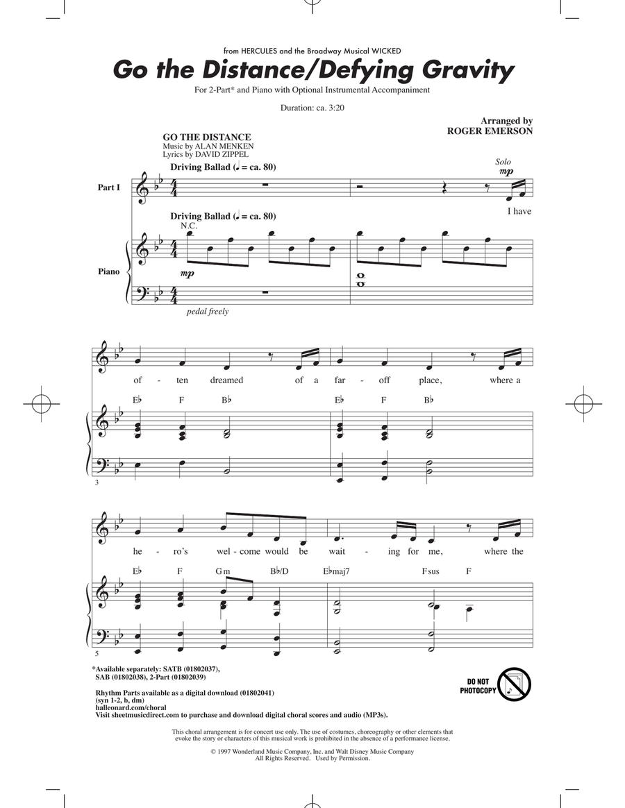 Go The Distance / Defying Gravity (arr. Roger Emerson) 2-Part scores gallery preview page 1