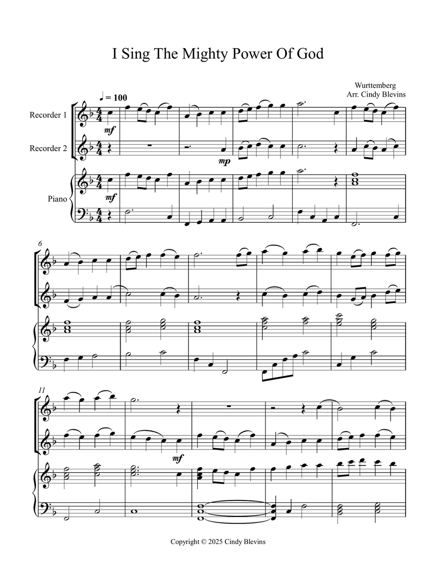 I Sing the Mighty Power of God, for Two Recorders and Piano Woodwind Duet scores gallery preview page 2