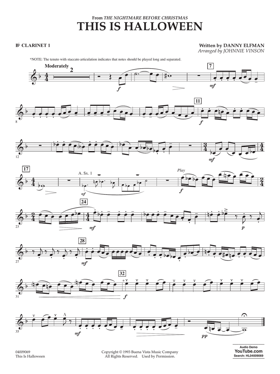 This Is Halloween (arr. Johnnie Vinson) - Bb Clarinet 1 Concert Band scores gallery preview page 1
