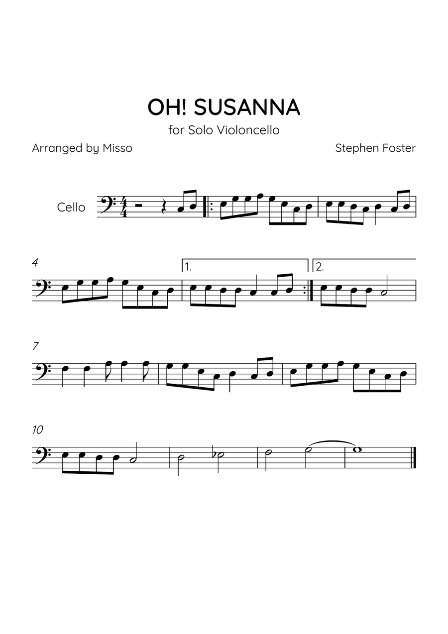 OH! SUSANNA - Cello Solo in C Major - Easy Level Cello Solo scores gallery preview page 1