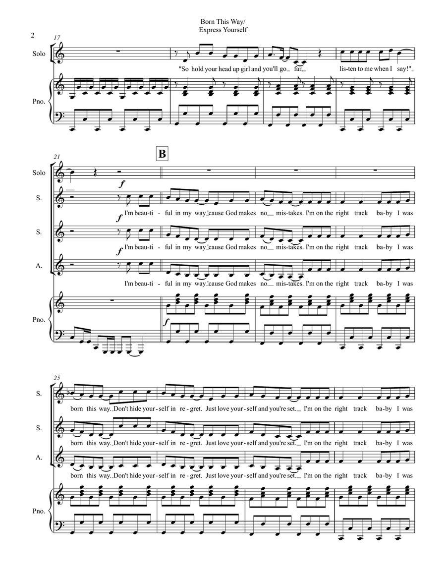 Medley: Born This Way with Express Yourself SSA scores gallery preview page 2