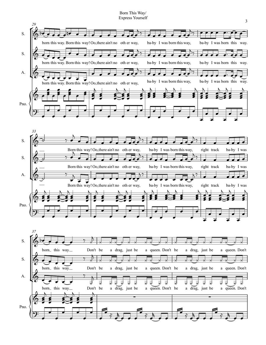 Medley: Born This Way with Express Yourself SSA scores gallery preview page 3