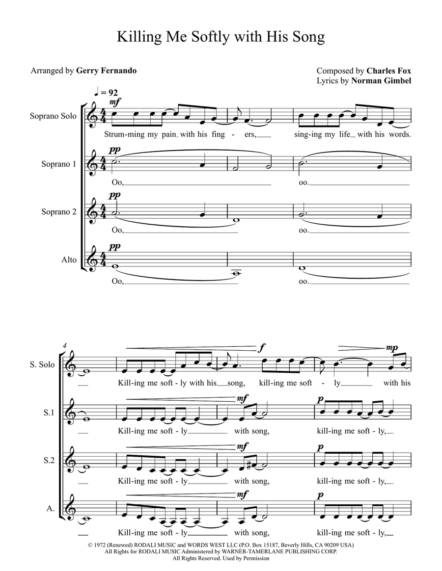 Killing Me Softly With His Song SSA scores gallery preview page 1