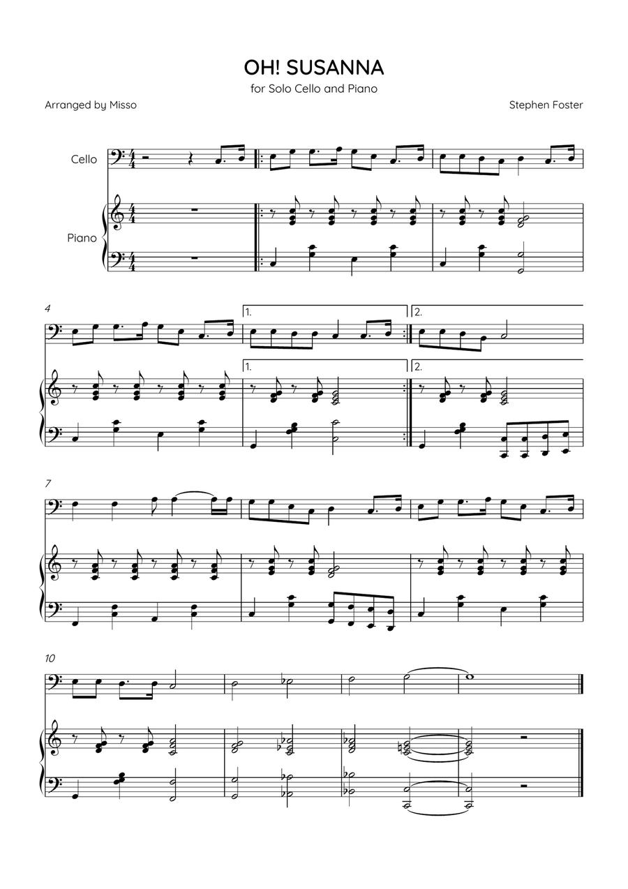 OH! SUSANNA - Cello and Piano in C Major - Intermediate Level Piano scores gallery preview page 1