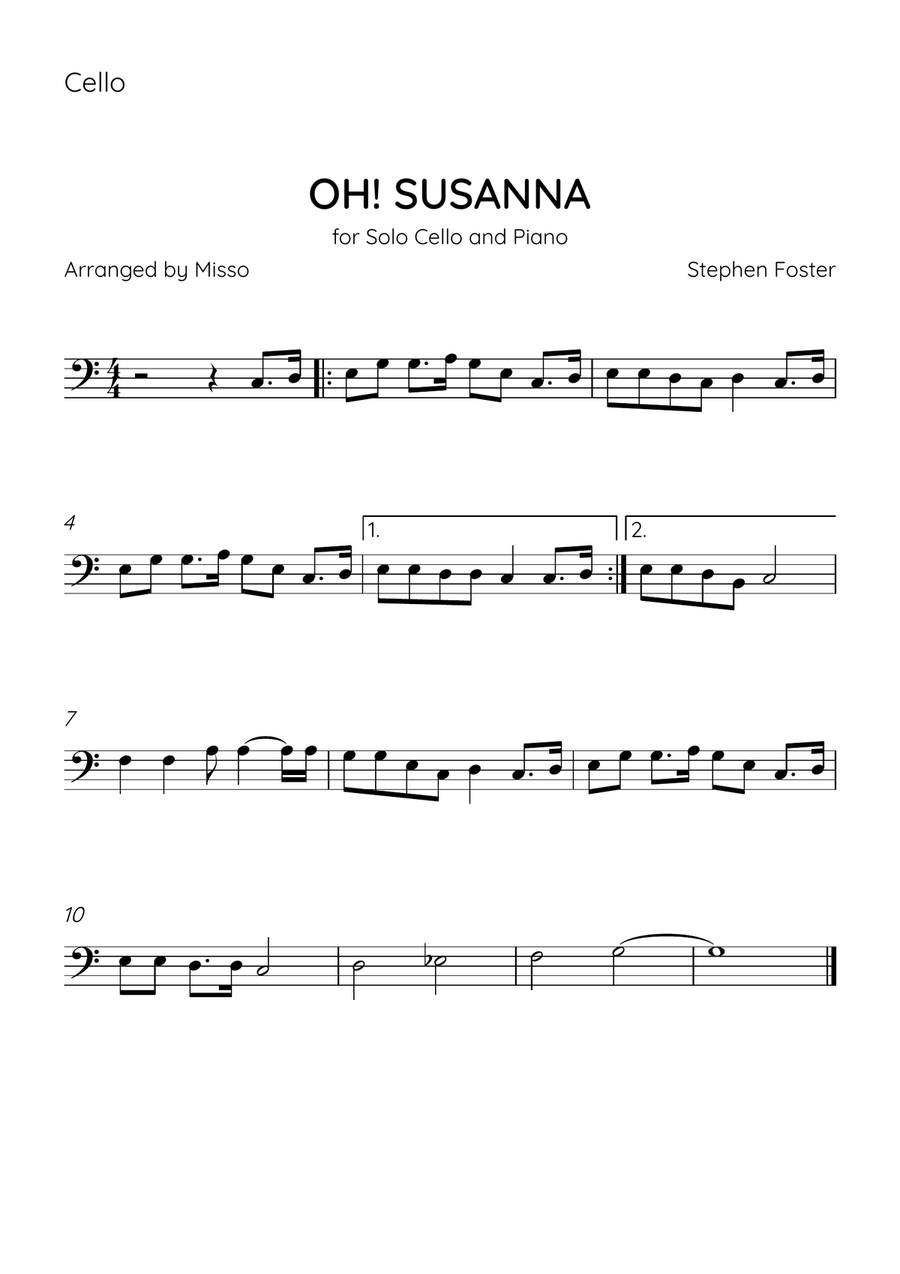OH! SUSANNA - Cello and Piano in C Major - Intermediate Level Piano scores gallery preview page 2