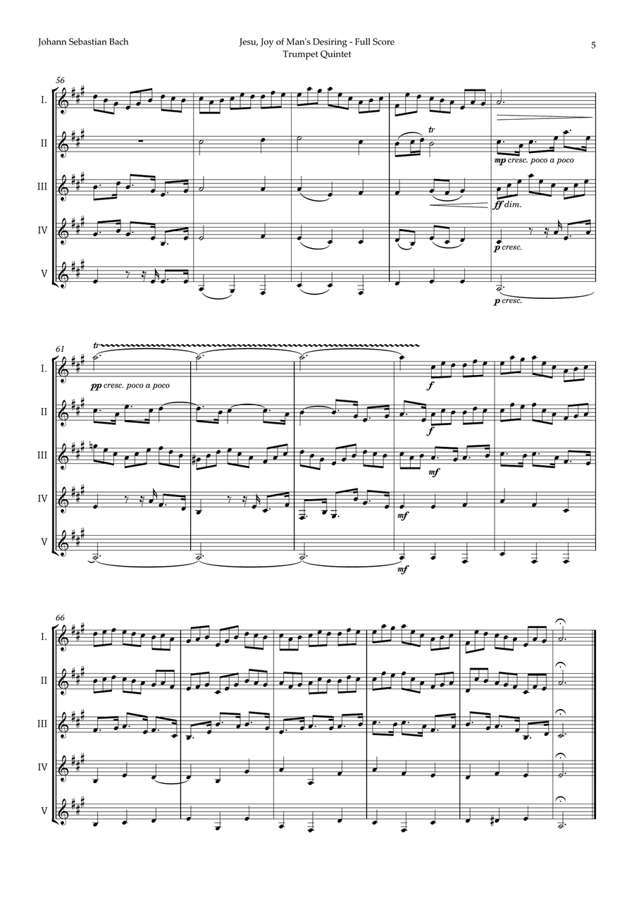 Jesu, Joy of Man's Desiring by Bach for Trumpet Quintet Brass Quintet scores gallery preview page 5