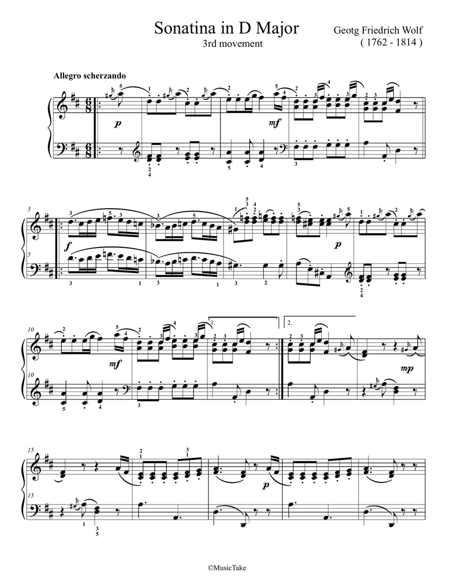 Wolf Sonatina in D Major, 3rd movement Easy Piano scores gallery preview page 1