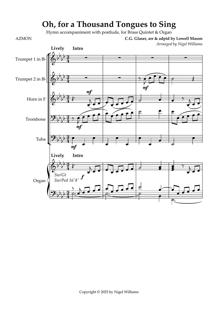 Oh, for a Thousand Tongues to Sing, for brass quintet & organ Brass Quintet scores gallery preview page 1