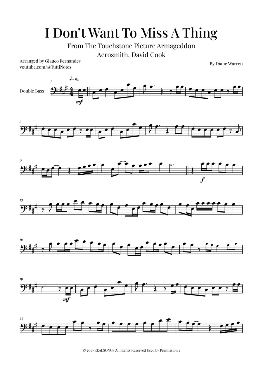 I Don't Want To Miss A Thing Double Bass scores gallery preview page 1