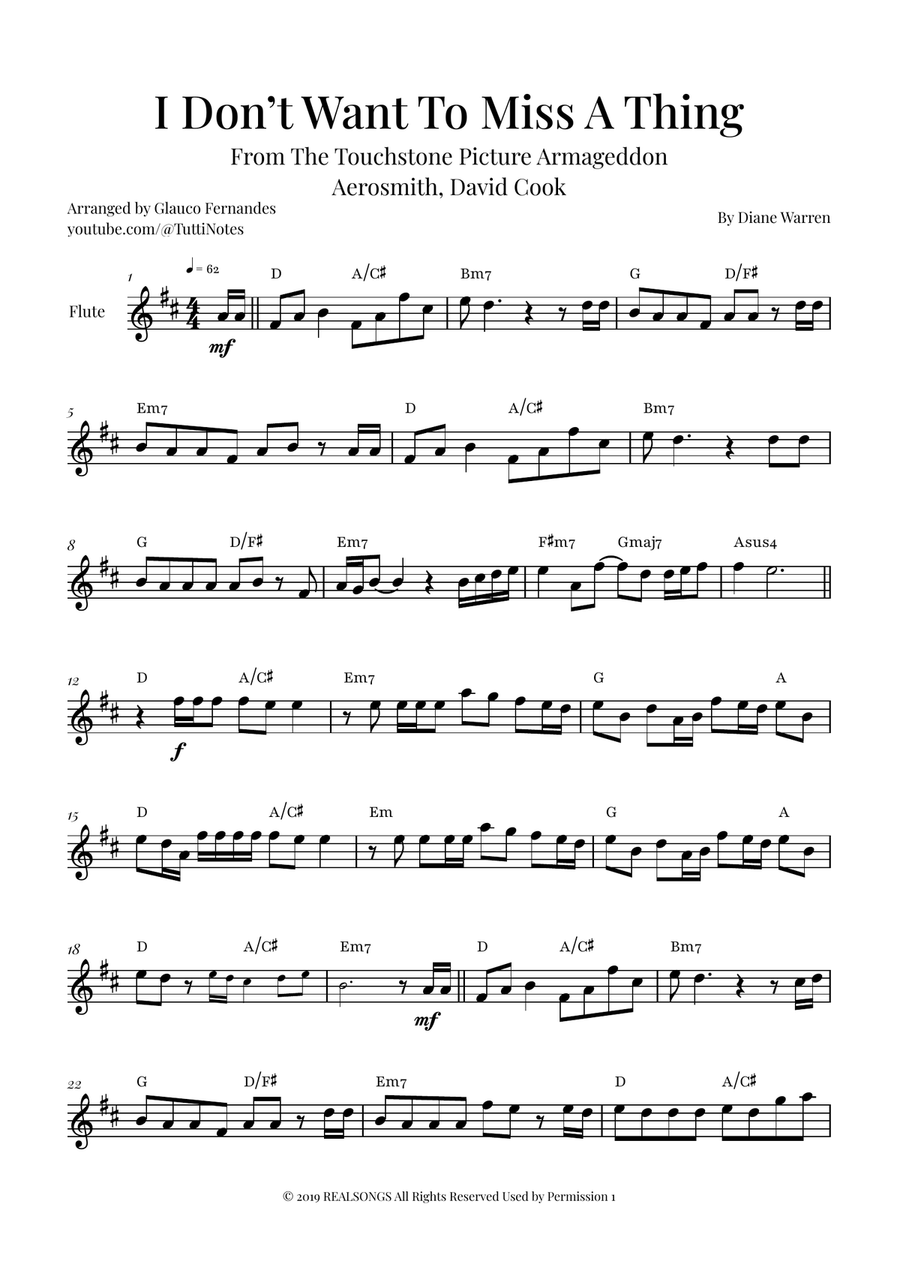 I Don't Want To Miss A Thing Flute Solo scores gallery preview page 1