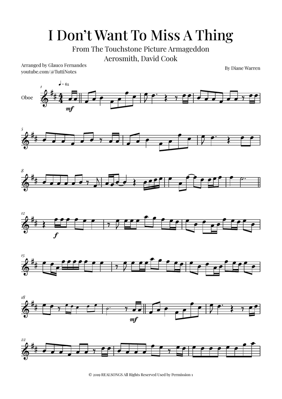I Don't Want To Miss A Thing Oboe Solo scores gallery preview page 1