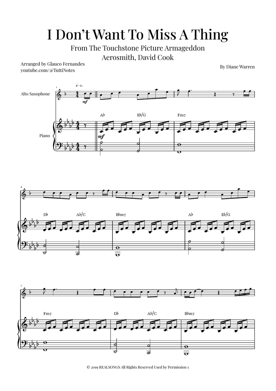 I Don't Want To Miss A Thing Alto Saxophone scores gallery preview page 1