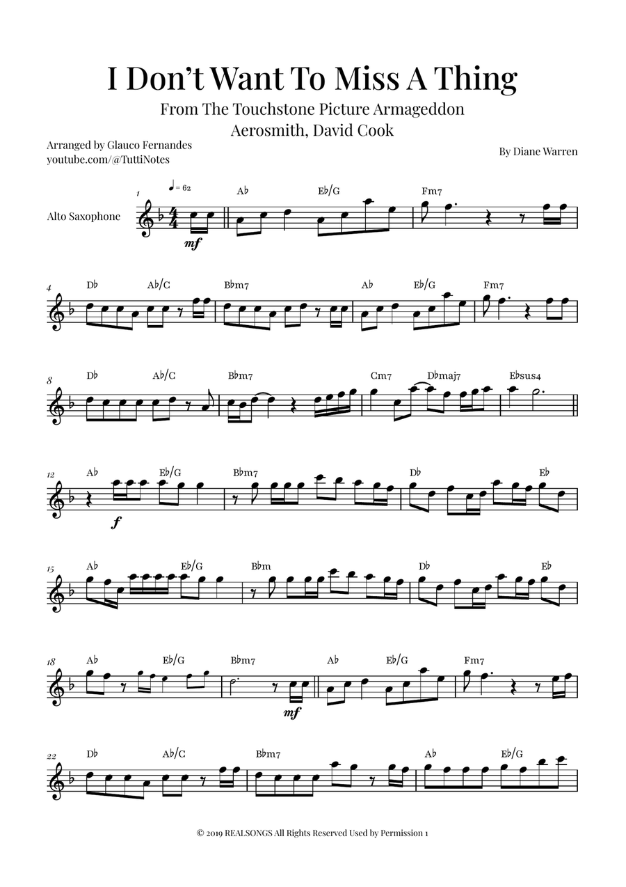 I Don't Want To Miss A Thing Alto Saxophone scores gallery preview page 1