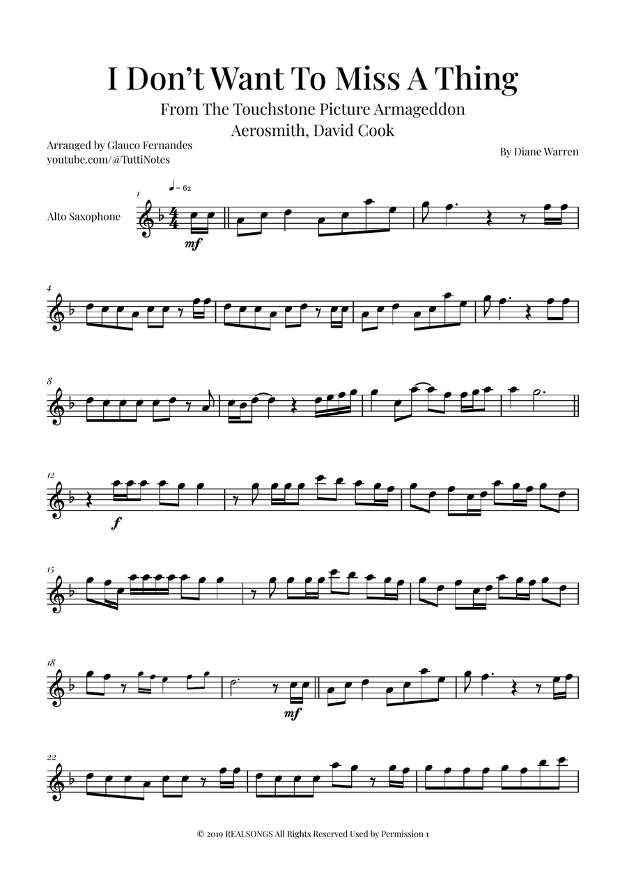 I Don't Want To Miss A Thing Alto Saxophone scores gallery preview page 1