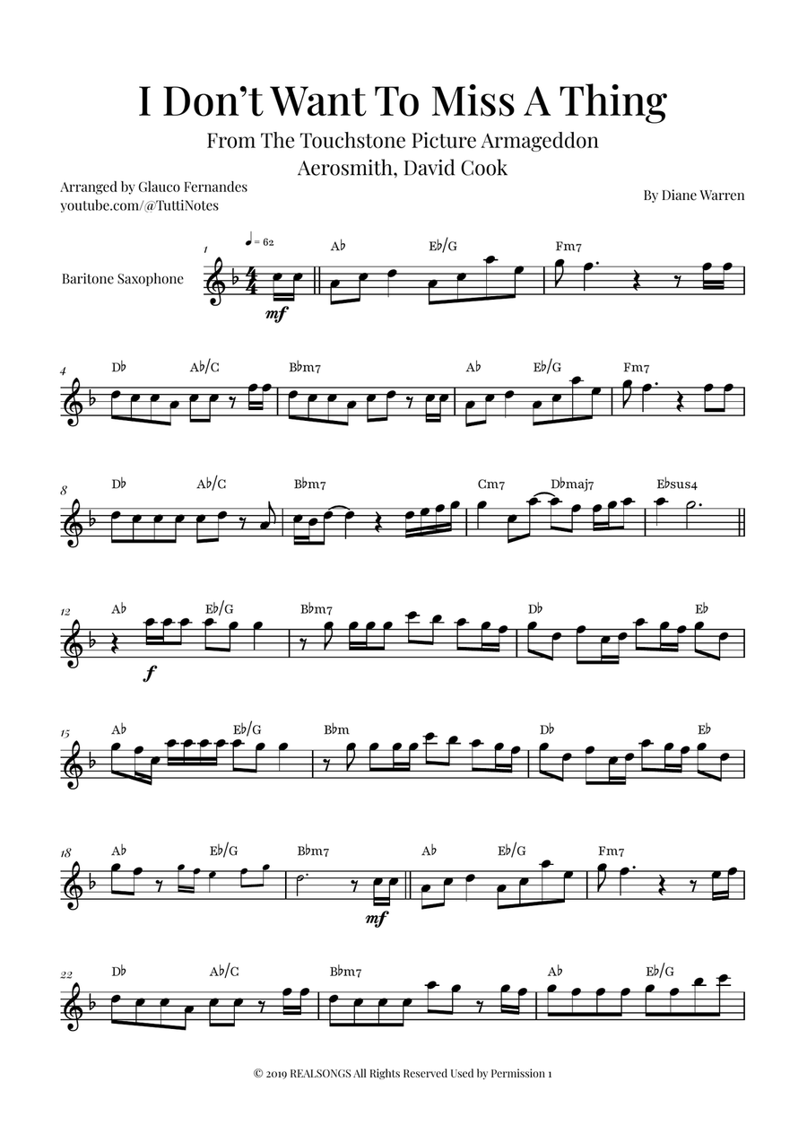 I Don't Want To Miss A Thing Baritone Saxophone scores gallery preview page 1