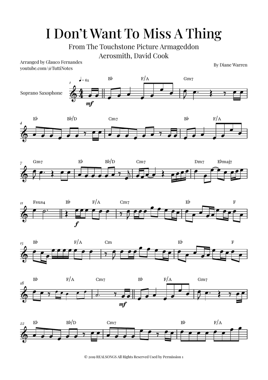 I Don't Want To Miss A Thing Soprano Saxophone scores gallery preview page 1