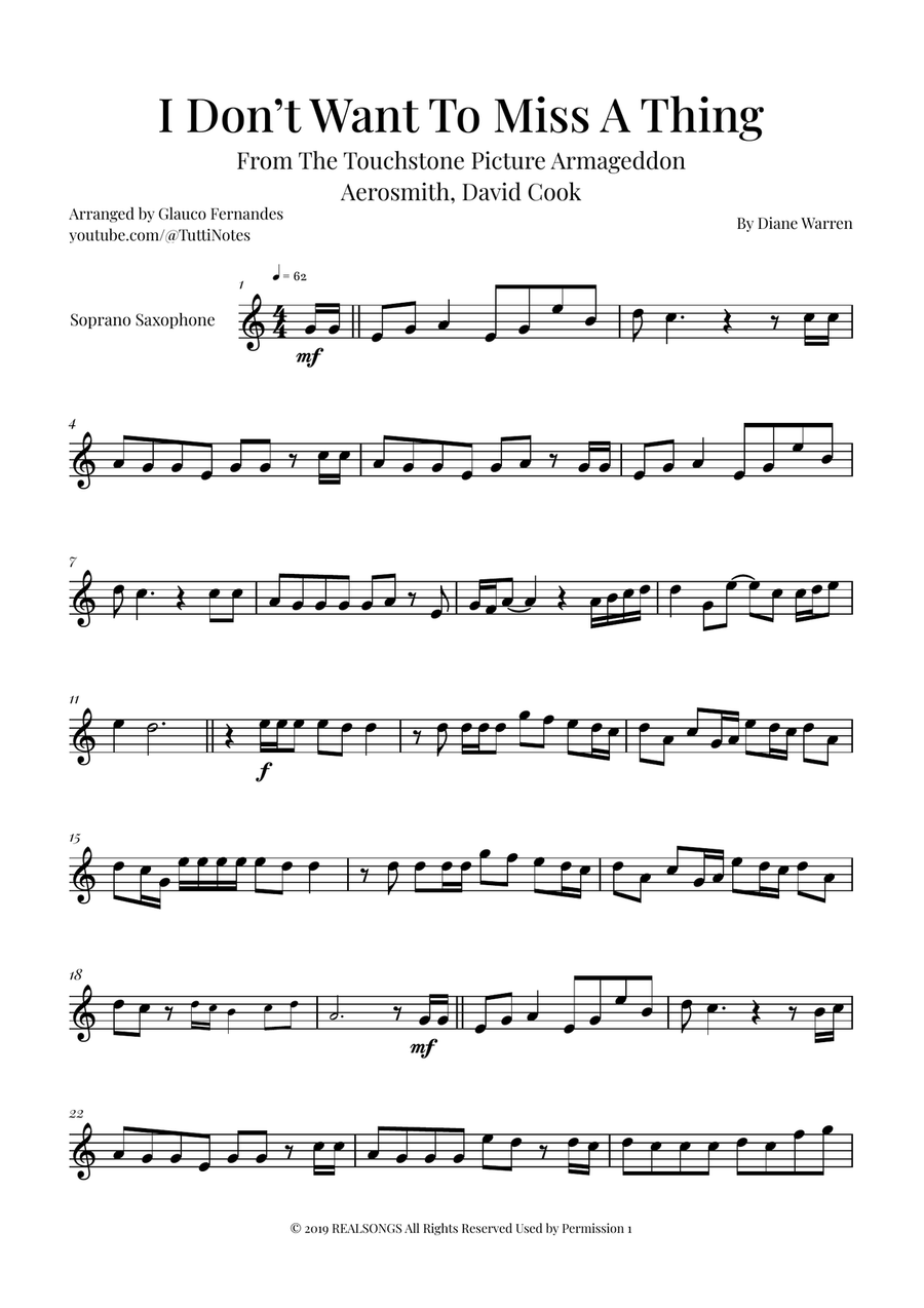 I Don't Want To Miss A Thing Soprano Saxophone scores gallery preview page 1