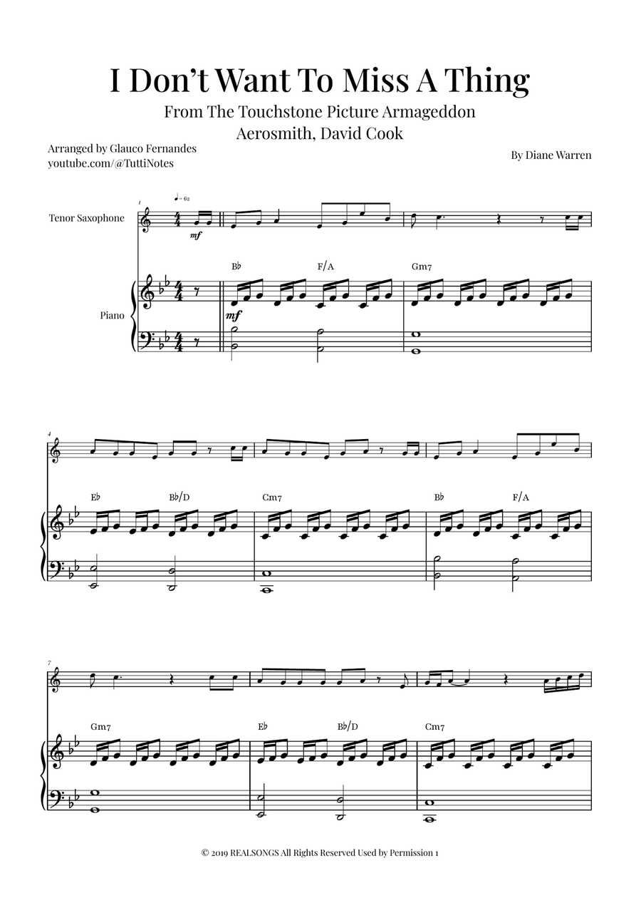 I Don't Want To Miss A Thing Tenor Saxophone scores gallery preview page 1