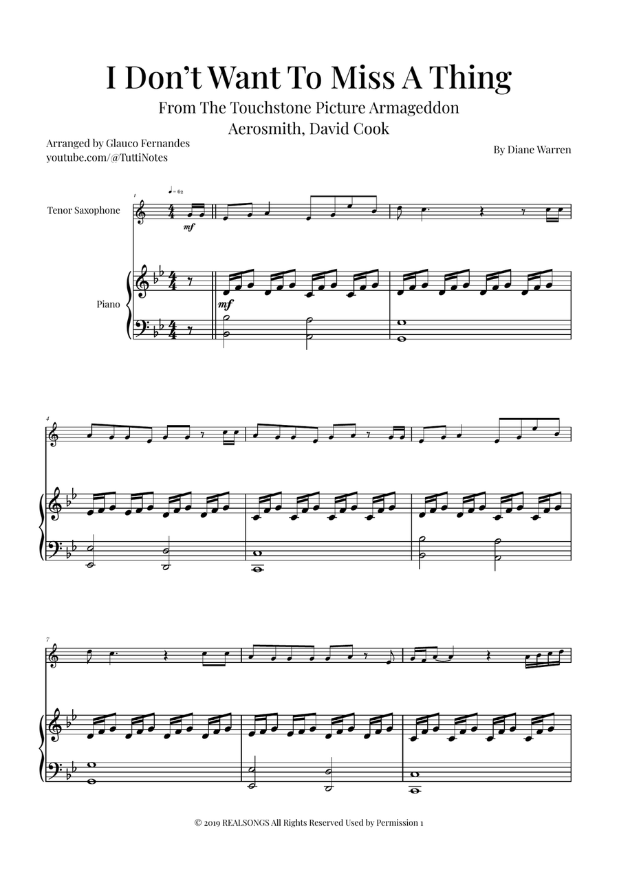 I Don't Want To Miss A Thing Tenor Saxophone scores gallery preview page 1