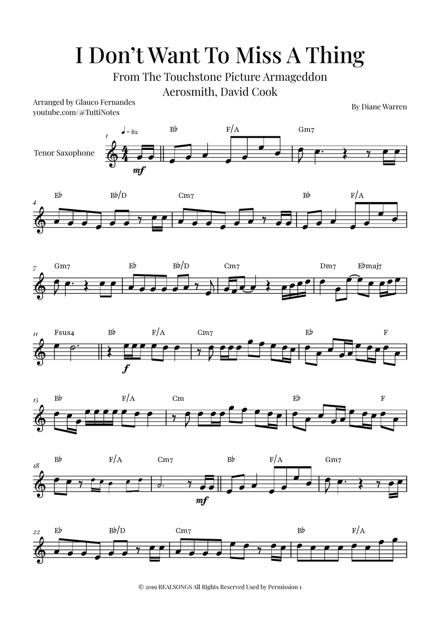 I Don't Want To Miss A Thing Tenor Saxophone scores gallery preview page 1