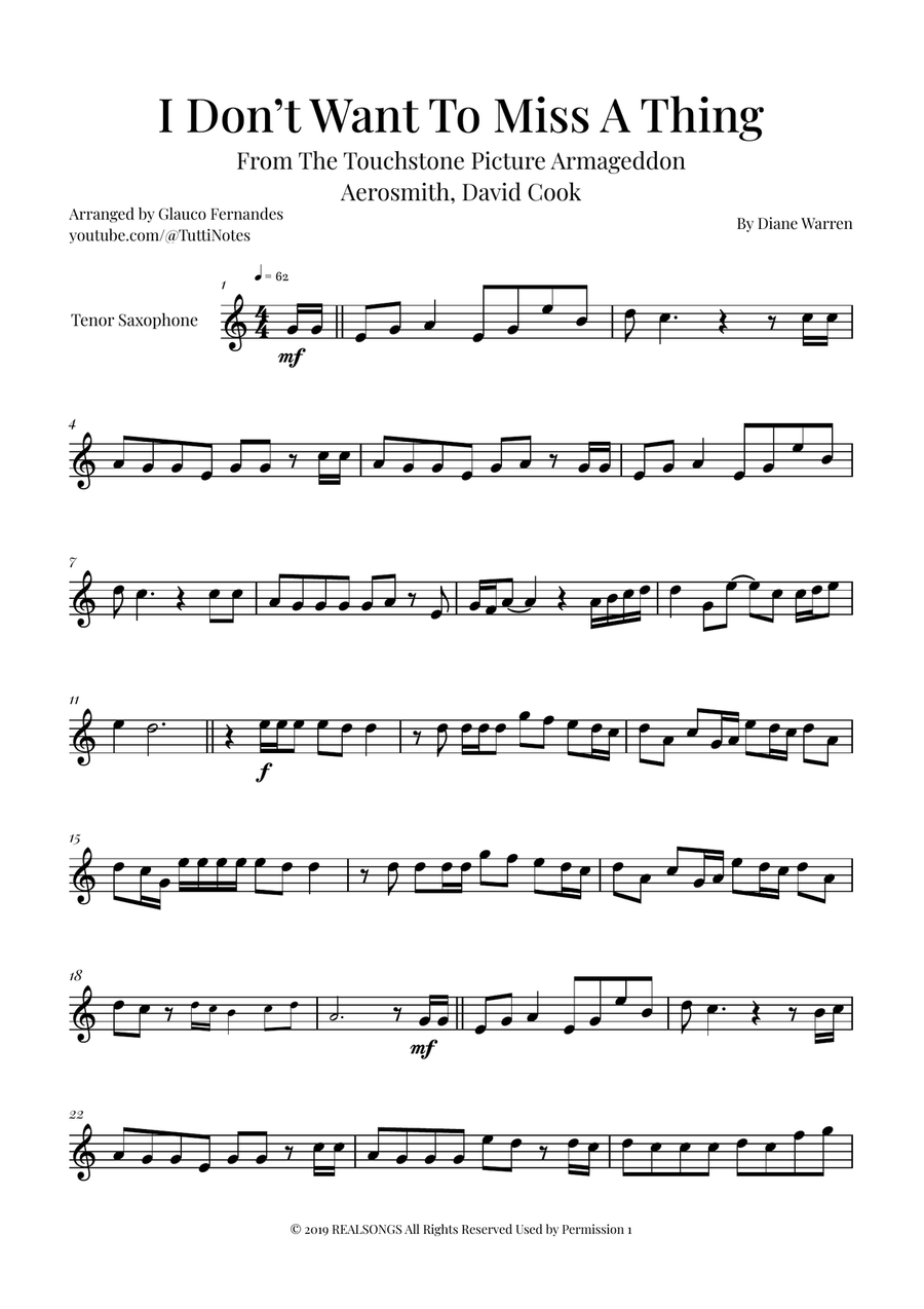 I Don't Want To Miss A Thing Tenor Saxophone scores gallery preview page 1