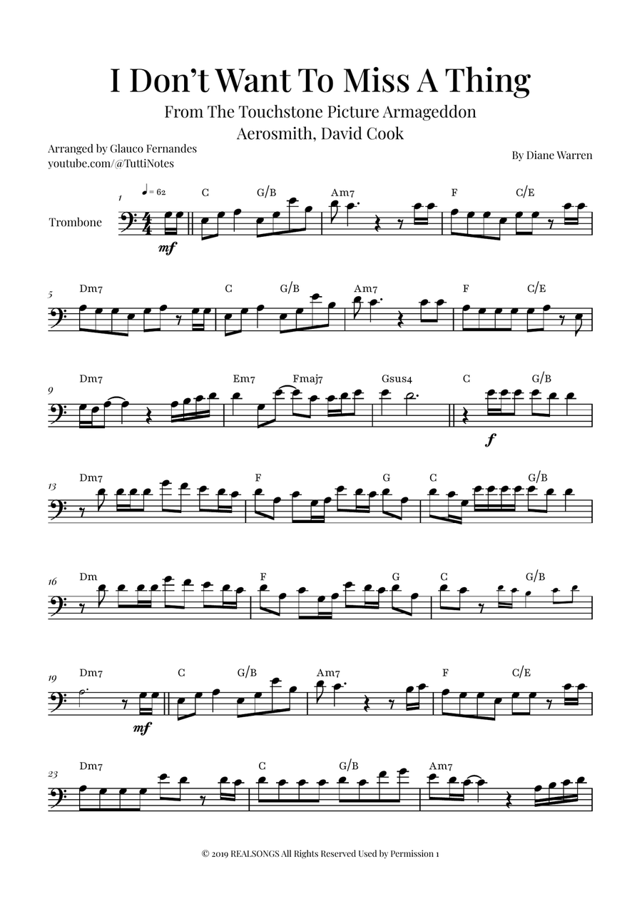 I Don't Want To Miss A Thing Trombone Solo scores gallery preview page 1