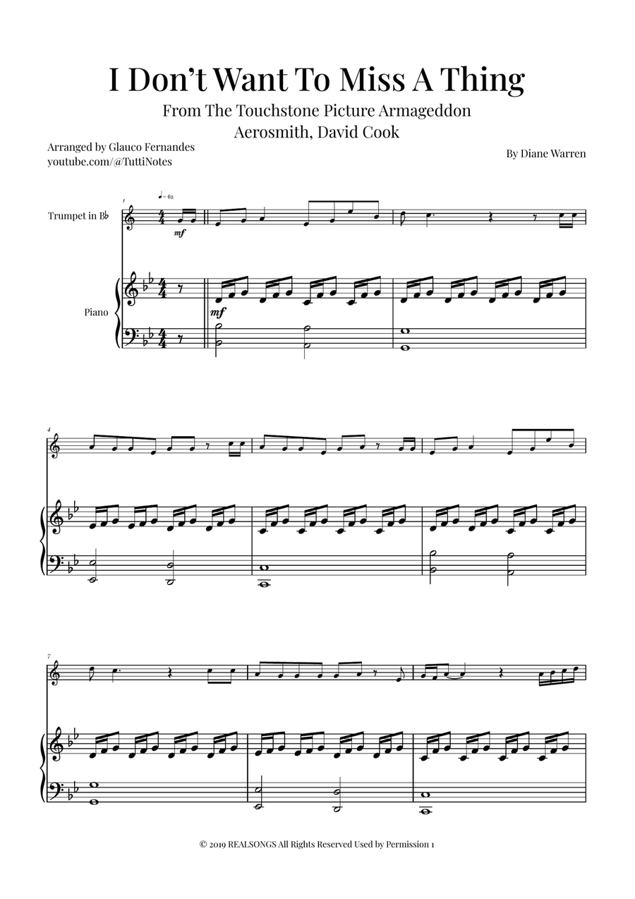 I Don't Want To Miss A Thing B-Flat Trumpet scores gallery preview page 1